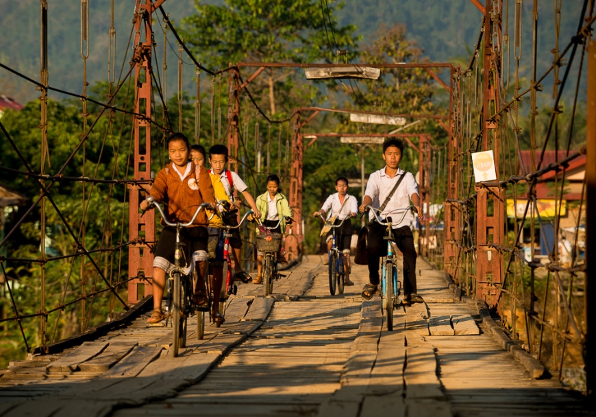 Morning Traffic over bridge, Vang Vieng, Laos, Indochina, Asia
