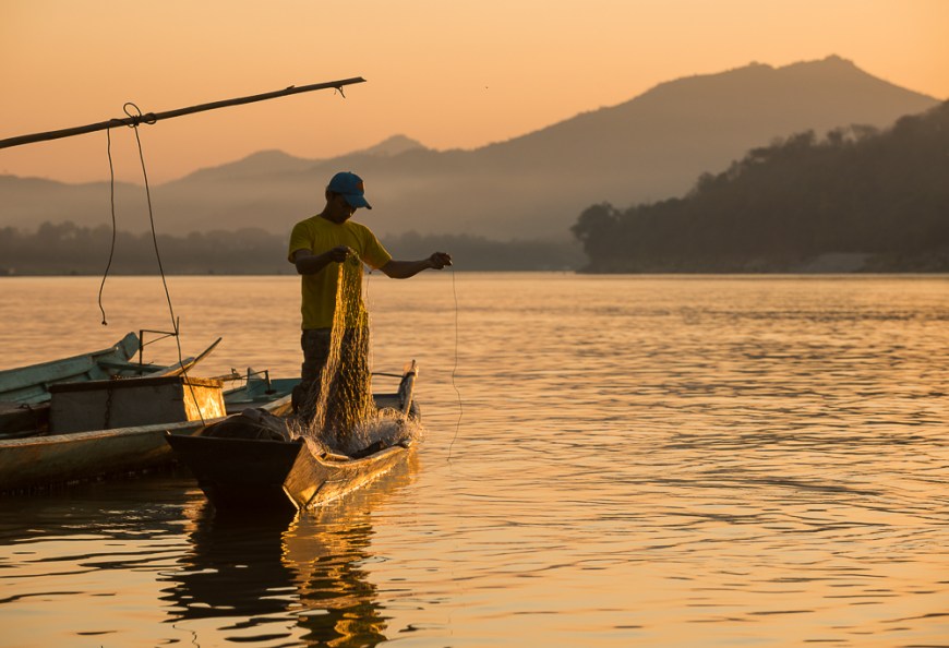 Man reeling in fishing net on Mekong River, Luang Prabang, Laos, Indochina, Asia