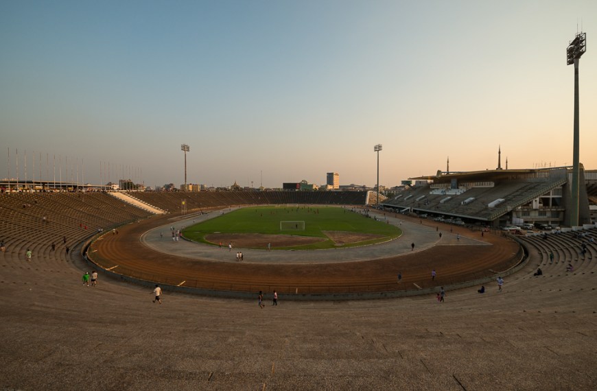 Olympic Stadium at dusk, Phnom Penh, Cambodia, Indochina, Asia