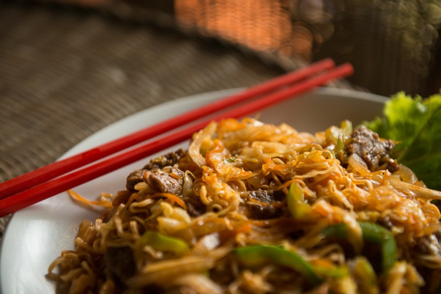 Beef Fried Noodles with chopsticks, Kep, Cambodia, Indochina, Asia