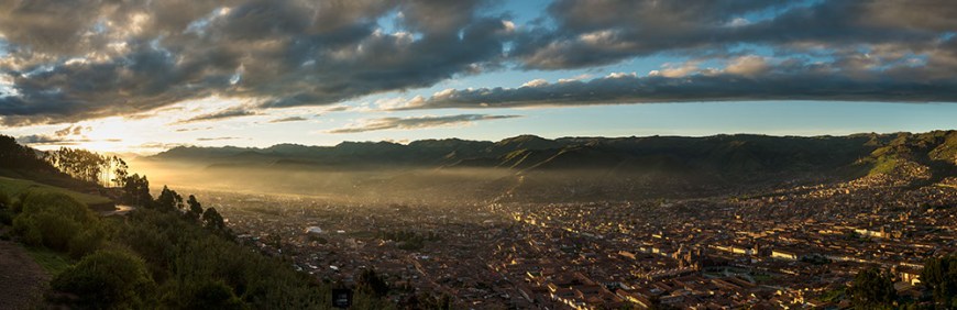 View over Cusco at dawn from Saqsaywamán, Cusco, Peru