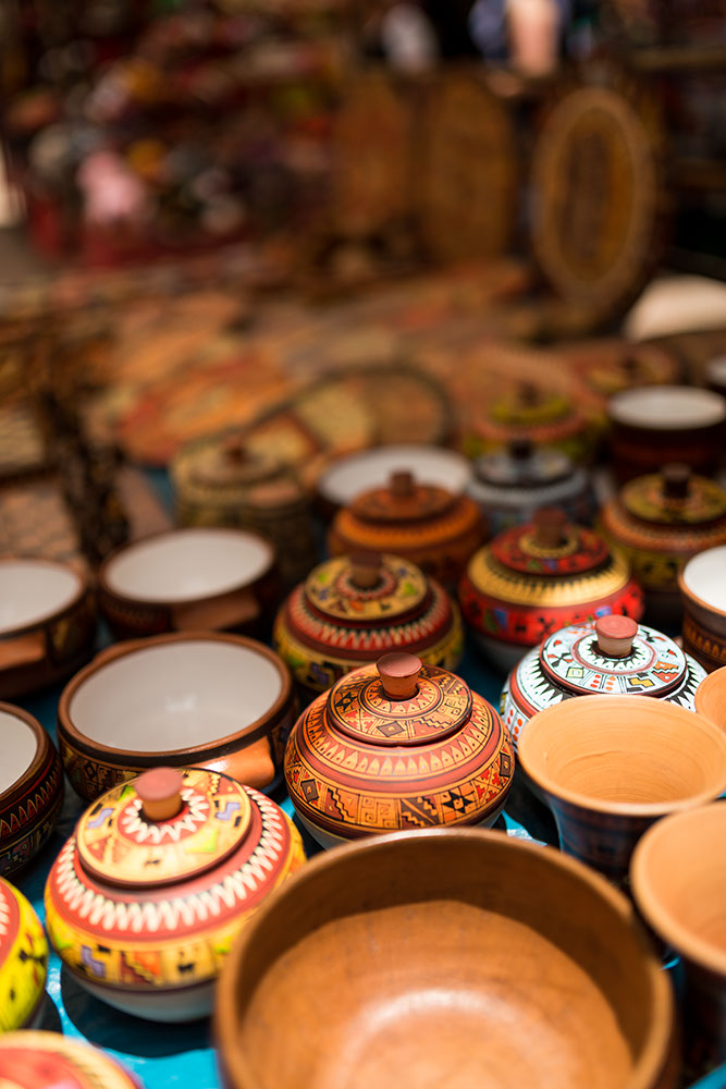 Pottery for sale at Pisac Textiles Market, Sacred Valley, Peru