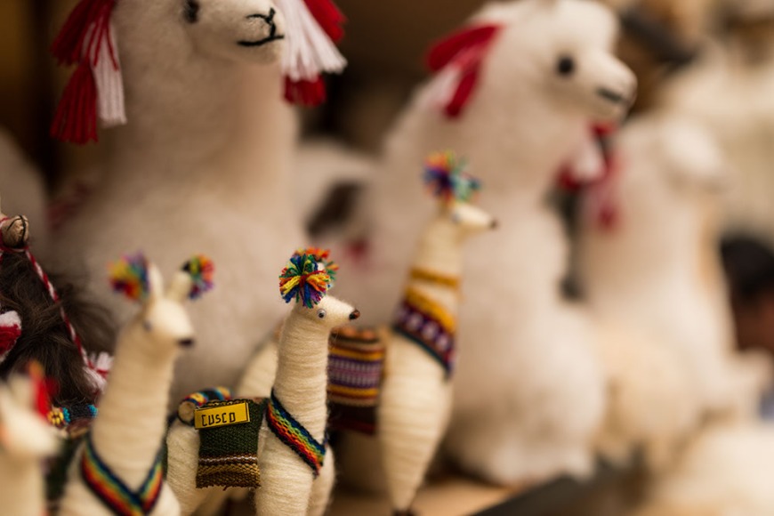 Alpaca toys for sale at Pisac Textiles Market, Sacred Valley, Peru