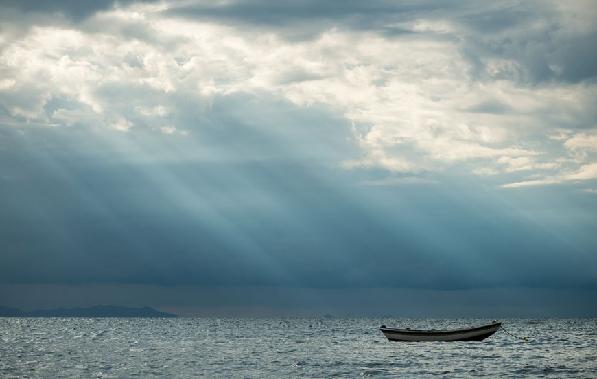 Lone boat in water, Copacabana, Lake Titicaca, Bolivia