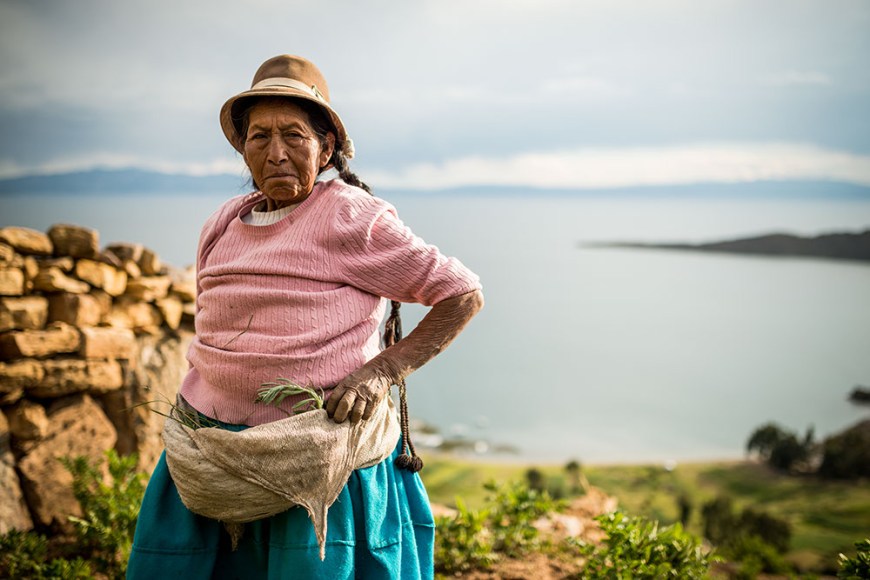 Portrait of farmer, Yumani, Isla del Sol, Lake Titicaca, Bolivia