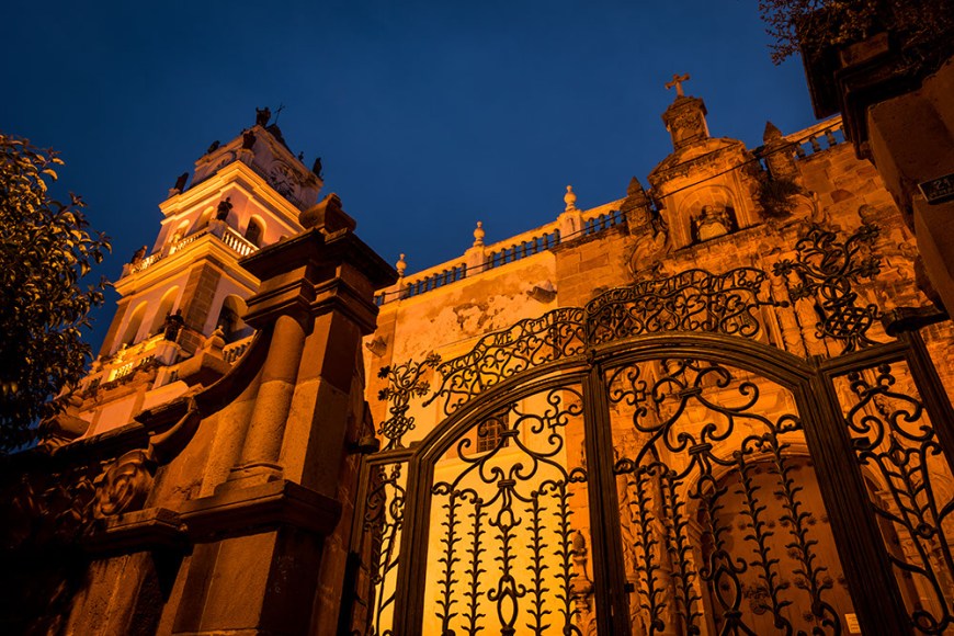 The Cathedral gates at night, Sucre, Bolivia