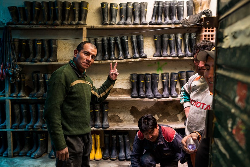 Boots ready for tourists visiting the Cerro Rico mines, Potosi, Southern Altiplano, Bolivia