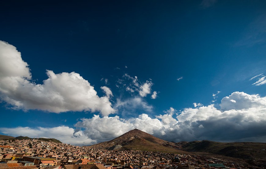 Aerial view of the city of Potosi with Cerro Rico in background, Southern Altiplano, Bolivia