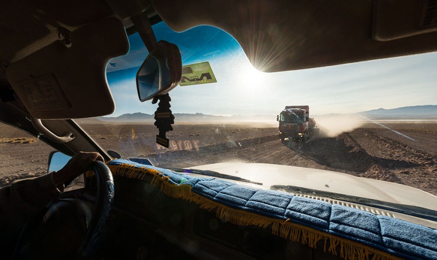 Interior of car with driver during tour of the Reserva Eduardo Avaroa, Bolivia