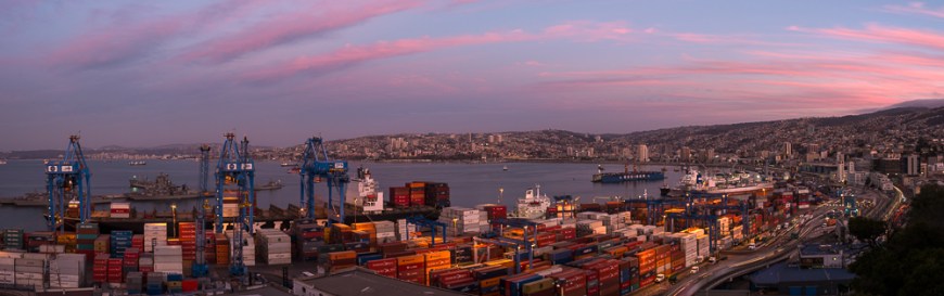 View of city and ports at dusk from Paseo 21 de Mayo, Cerro Playa Ancha, Valparaíso, Central Coast, Chile