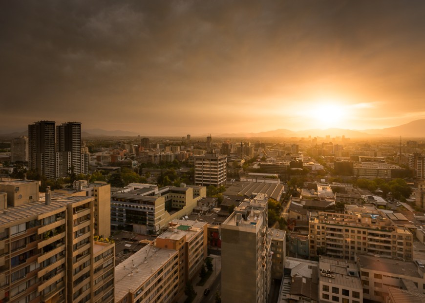 Aerial view of Santiago City at Sunset, Santiago, Chile