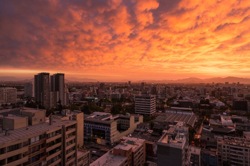 Aerial view of Santiago City at Sunset, Santiago, Chile