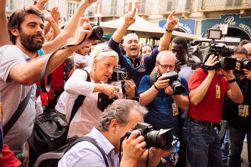 Andrea 'Brio' Mari of Rione Santa Caterina district celebrates winning the Palio Di Asti
