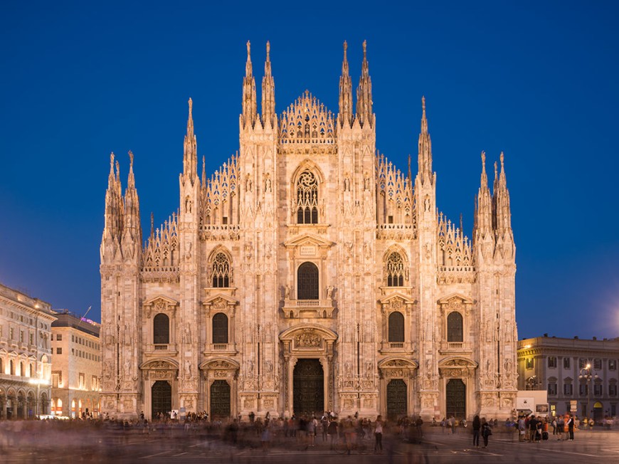 Exterior of Milan Cathedral at night, Piazza Duomo, Milan, Lombardy, Italy