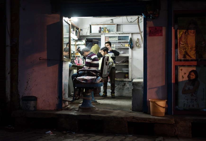 Barbershop at night, Agra, Uttar Pradesh, India