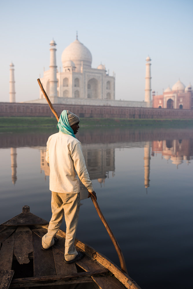 Dawn on the Taj Mahal from Yamuna River, Agra, Uttar Pradesh, India