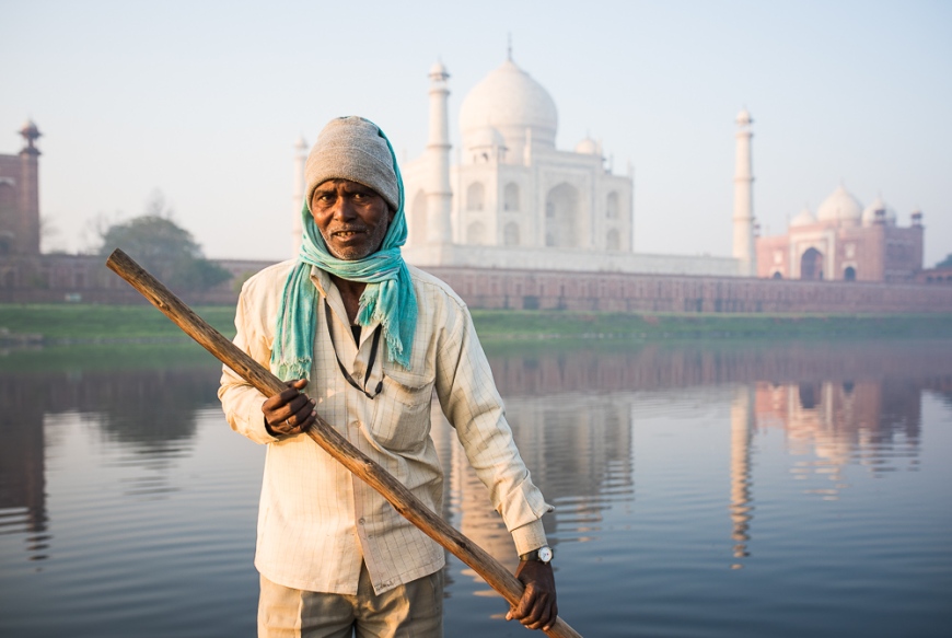 Dawn on the Taj Mahal from Yamuna River, Agra, Uttar Pradesh, India
