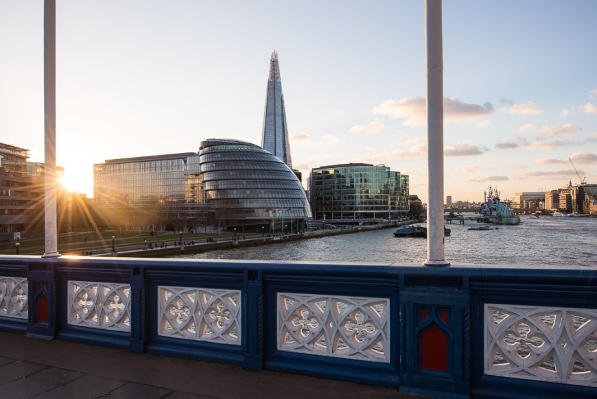 View of The Shard & City Hall from Tower Bridge, London, England