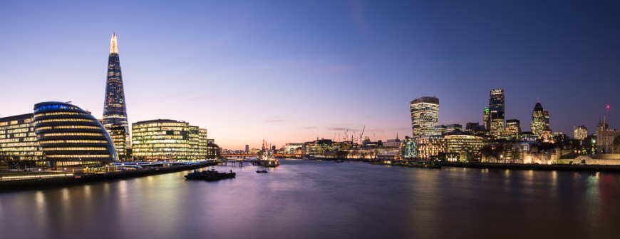 View of The Shard & City Hall from Tower Bridge at night, London, England