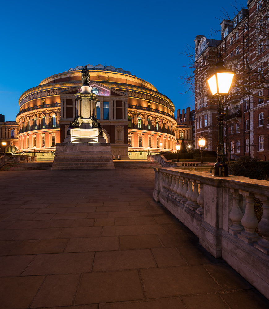 Exterior of Royal Albert Hall at night, London, England, UK