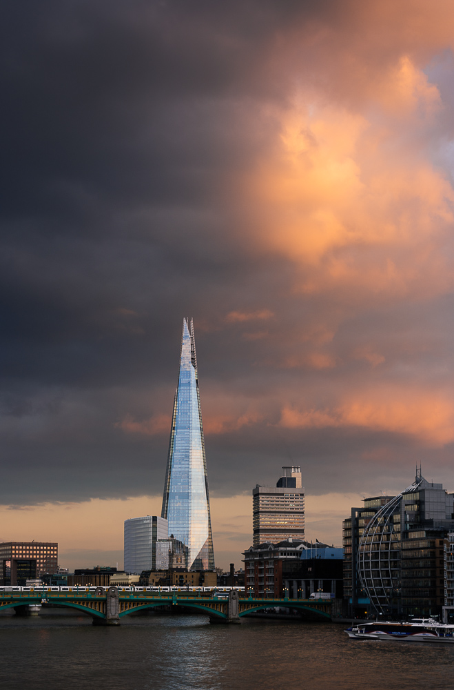 View of The Shard at dusk from London Bridge, London, England