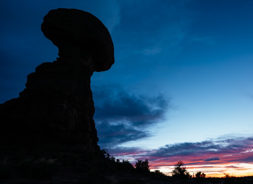 Balanced Rock at dusk, Arches National Park, Utah, USA