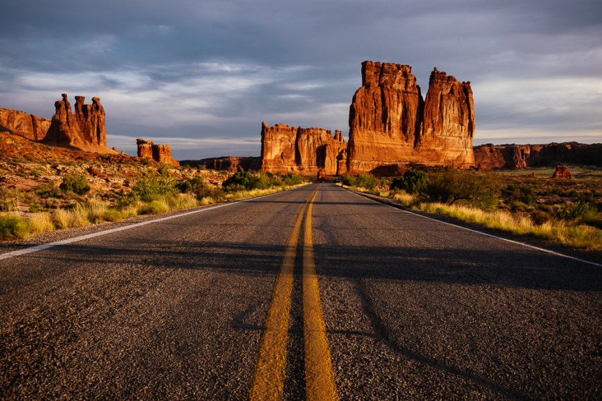 View of Courthouse Towers, The Organ and Three Gossips at dawn, Arches National Park, Utah, USA