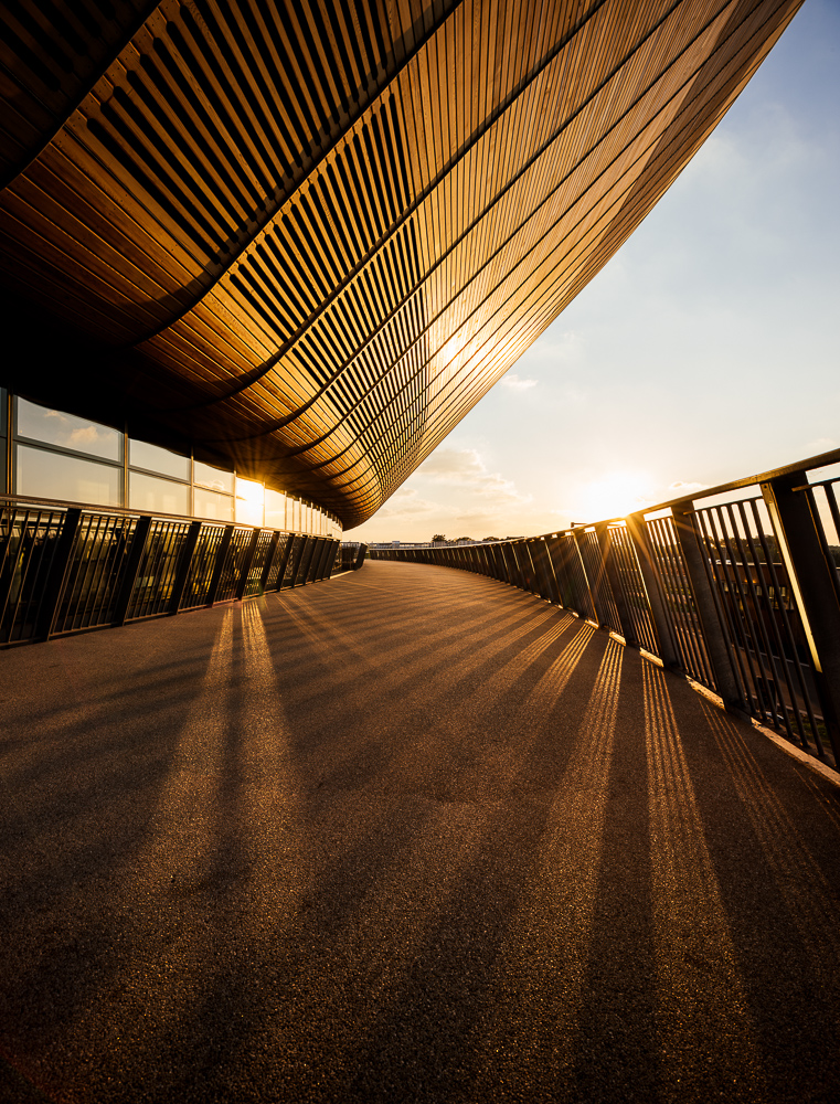 Evening light on exterior of The Velodrome, Queen Elizabeth Olympic Park, Stratford, London, UK