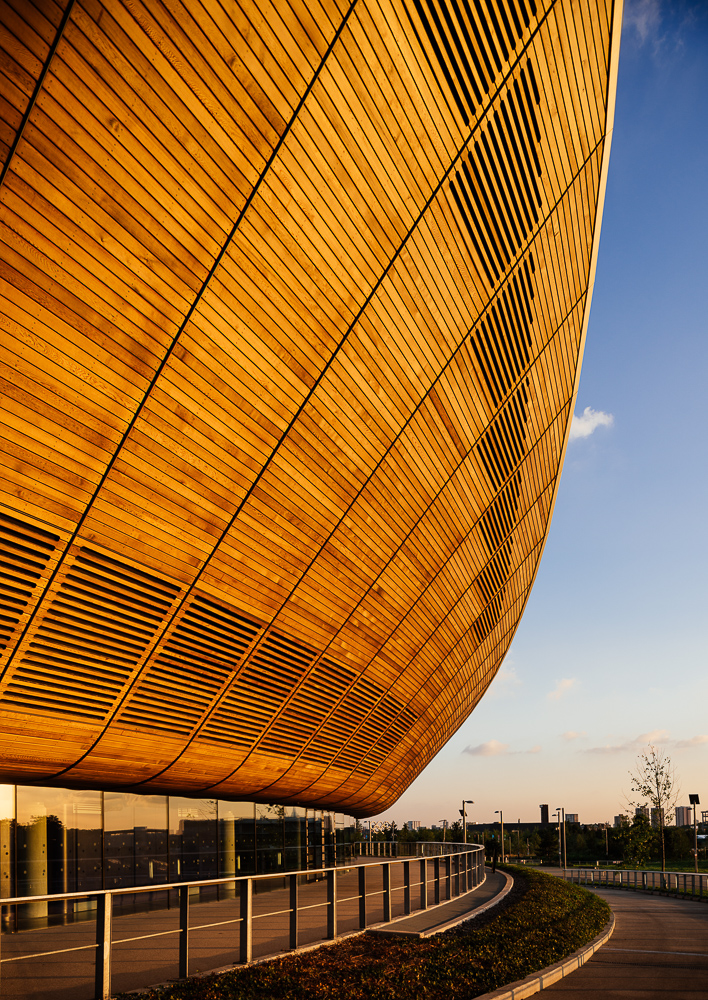 Evening light on exterior of The Velodrome, Queen Elizabeth Olympic Park, Stratford, London, UK