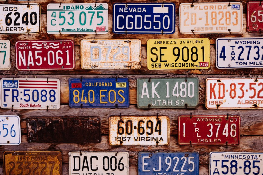 Vintage number plates, 'Hole n' the Rock', Utah, USA