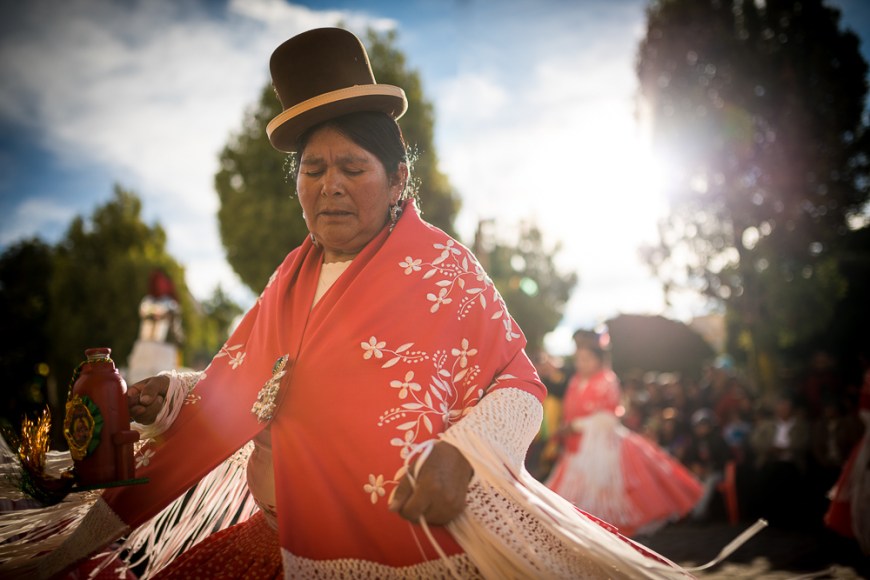 Dancers in traditional costume, Fiesta de la Virgen de la Candelaria, Copacabana, Lake Titicaca, Bolivia