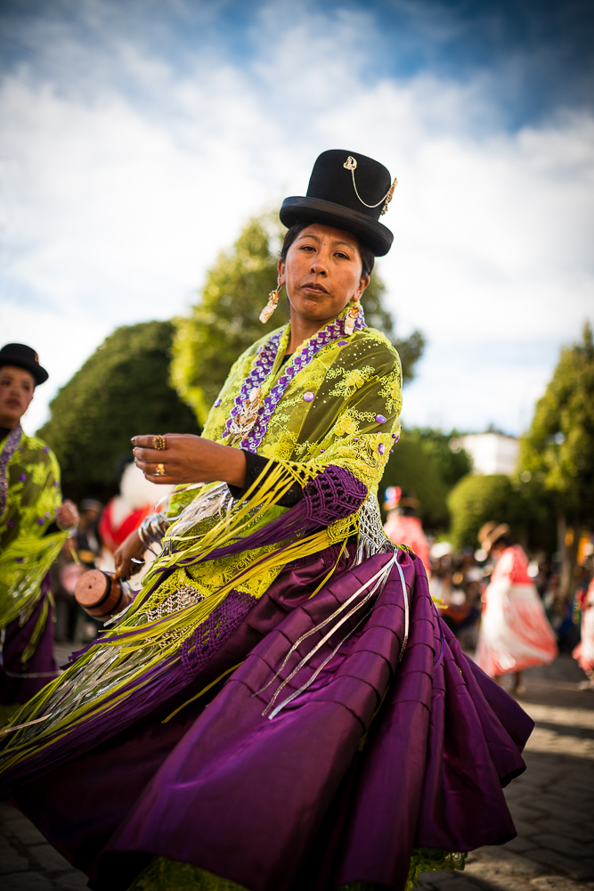 Dancer in traditional costume, Fiesta de la Virgen de la Candelaria, Copacabana, Lake Titicaca, Bolivia