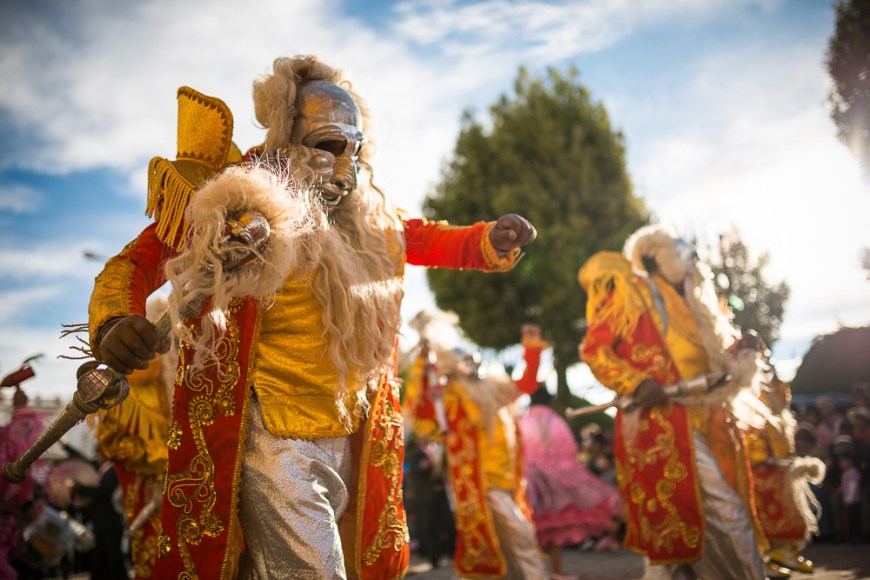 Dancers in traditional costume, Fiesta de la Virgen de la Candelaria, Copacabana, Lake Titicaca, Bolivia