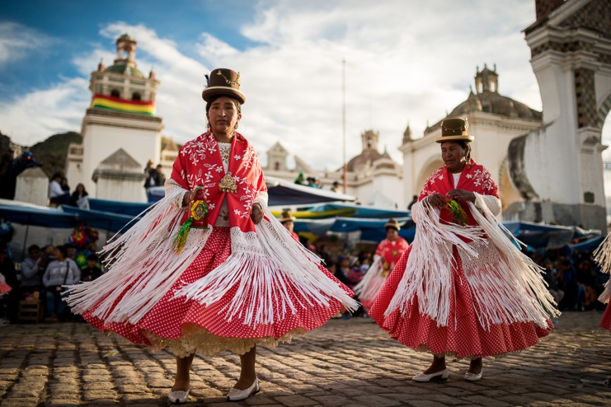 Dancers in traditional costume, Fiesta de la Virgen de la Candelaria, Copacabana, Lake Titicaca, Bolivia