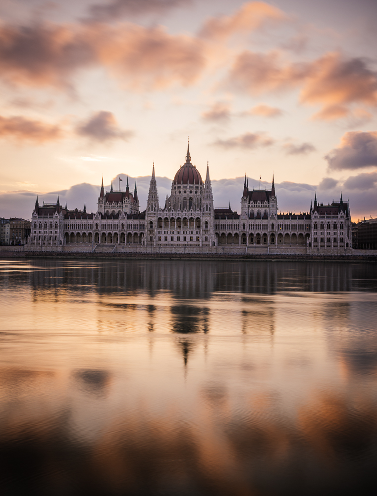 Sunrise behind the Hungarian Parliament Building & Danube River, Budapest, Hungary