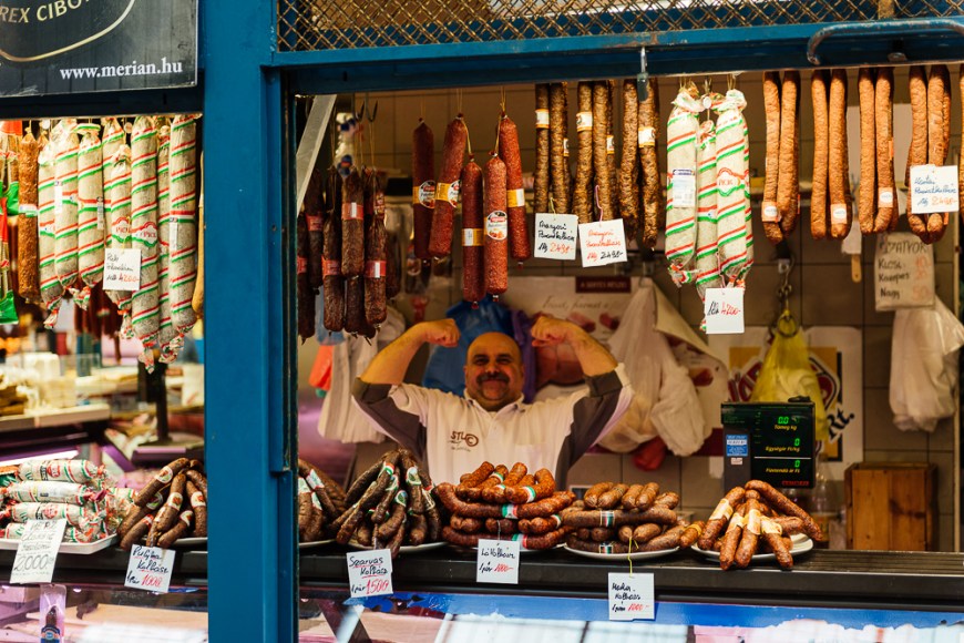 Detail of Salami stall, Central Market Hall, Budapest, Hungary