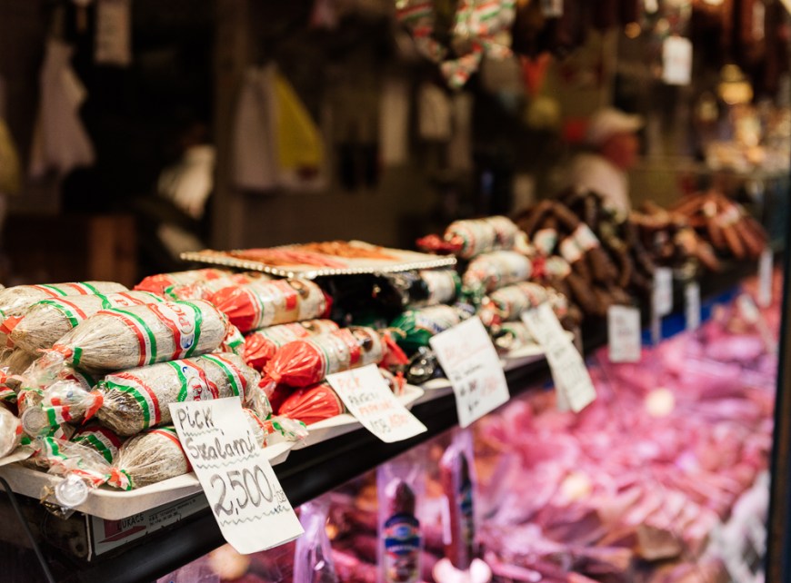 Detail of Salami stall, Central Market Hall, Budapest, Hungary
