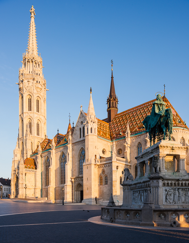 Exterior of Matthias Church at dawn, Fisherman's Bastion, Budapest, Hungary