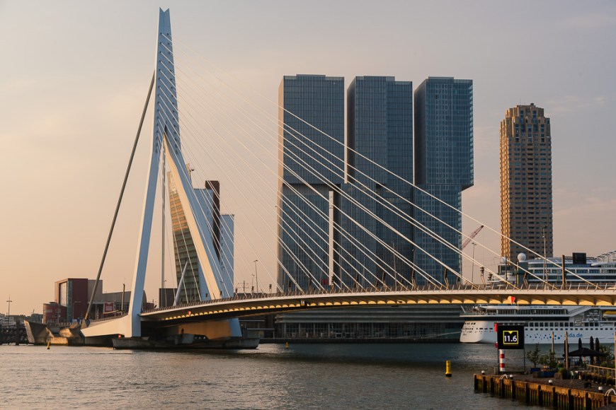 Erasmus Bridge and 'De Rotterdam', Wilhelminakade, Rotterdam, Netherlands