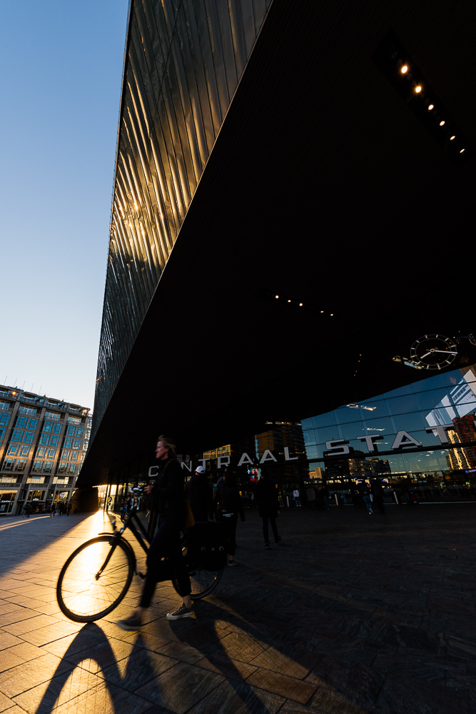 Exterior of Rotterdam Central Station at dusk, Rotterdam, Netherlands