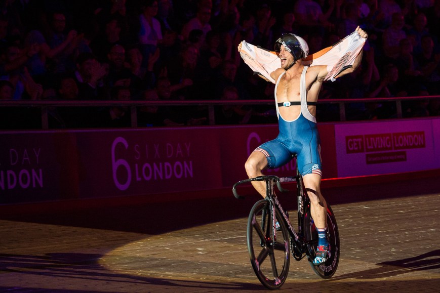 Nate Koch celebrates his win by tearing open his shirt, Six Day Cycling at The Velodrome, London. October 2017 Nikon D4 with Nikon 70-200mm Lens at 78mm. Exposure: 1/500th at f/5.6 and ISO 4000