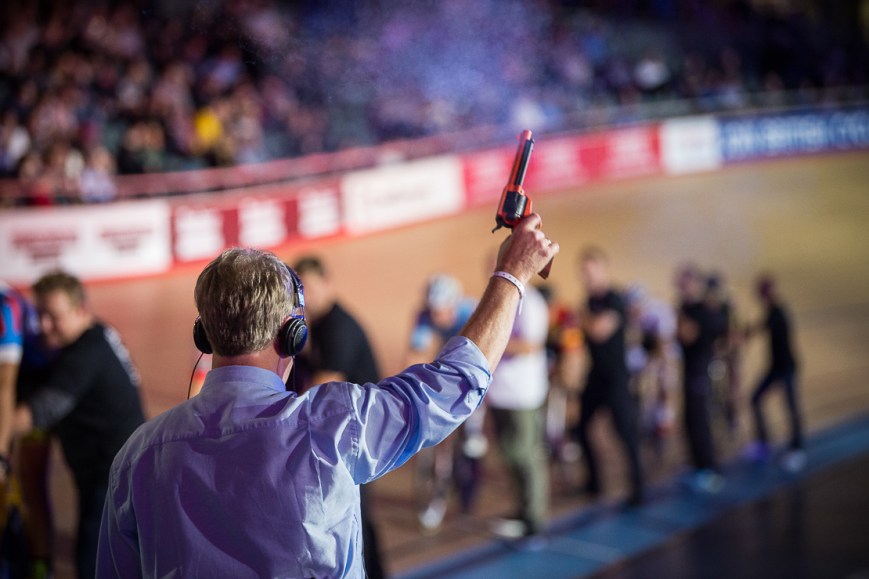 The Starting Gun, Six Day London, The Velodrome, October 2017 Nikon D4 with Nikon 70-200mm Lens at 140mm. Exposure: 1/320th at f/2.8 and ISO 4000