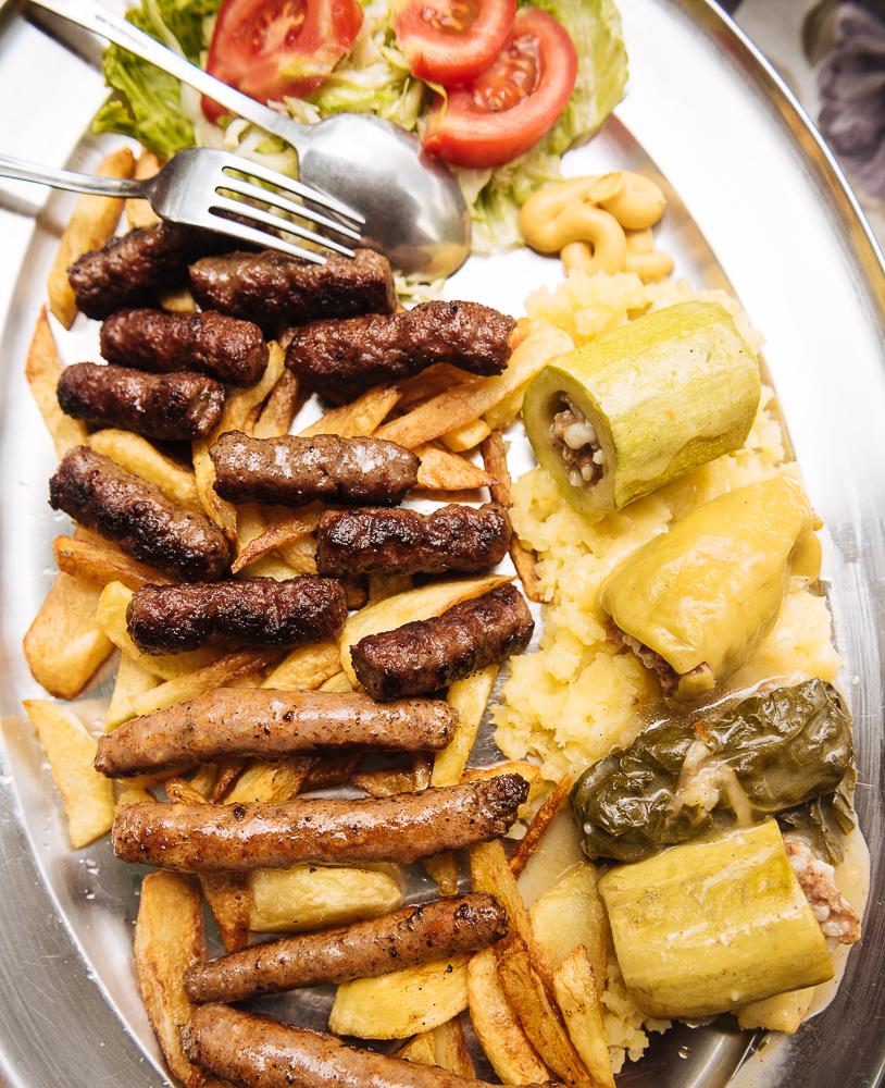 Traditional dish of Ćevapi and sausages, Mostar, Bosnia