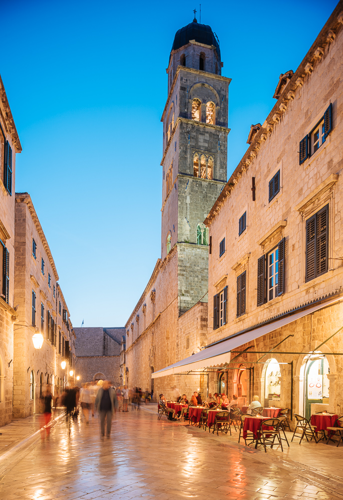 Exterior of Franjevačka crkva male braće, Stradun at night, Old Town, Dubrovnik, Croatia