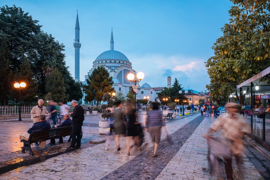 Street scene with Exterior of Xhamia e Madhe Mosque in background, Old Town, Shkodra, Albania
