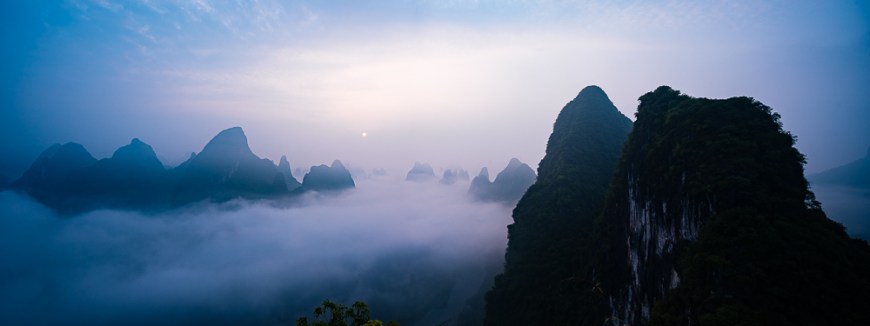 Dawn over Karst hills near Xingping, Guilin, Guangxi Province, China