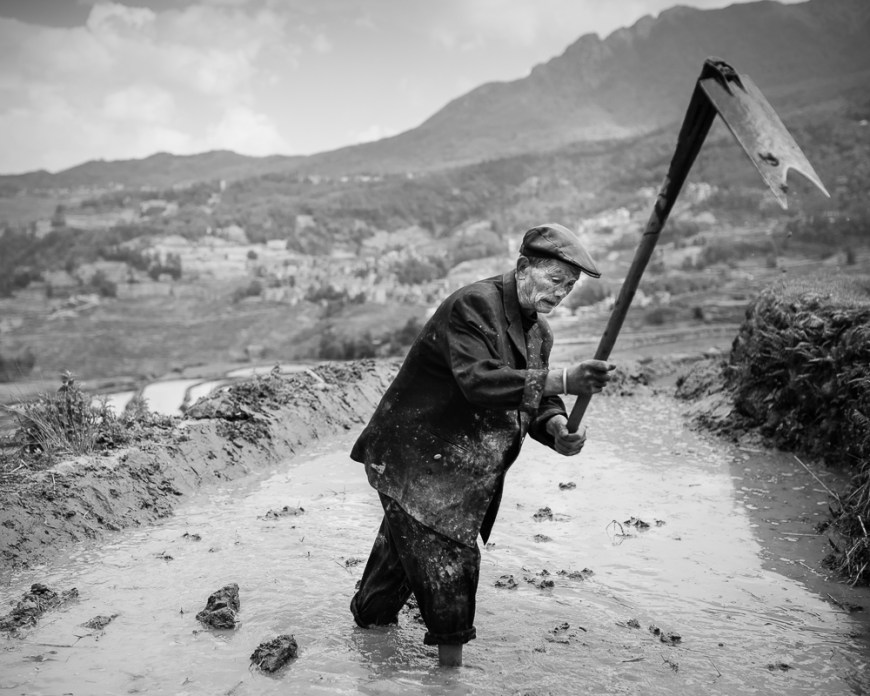 Farmer working in rice terrace, Duoyishu, Yuanyang, Yunnan Province, China