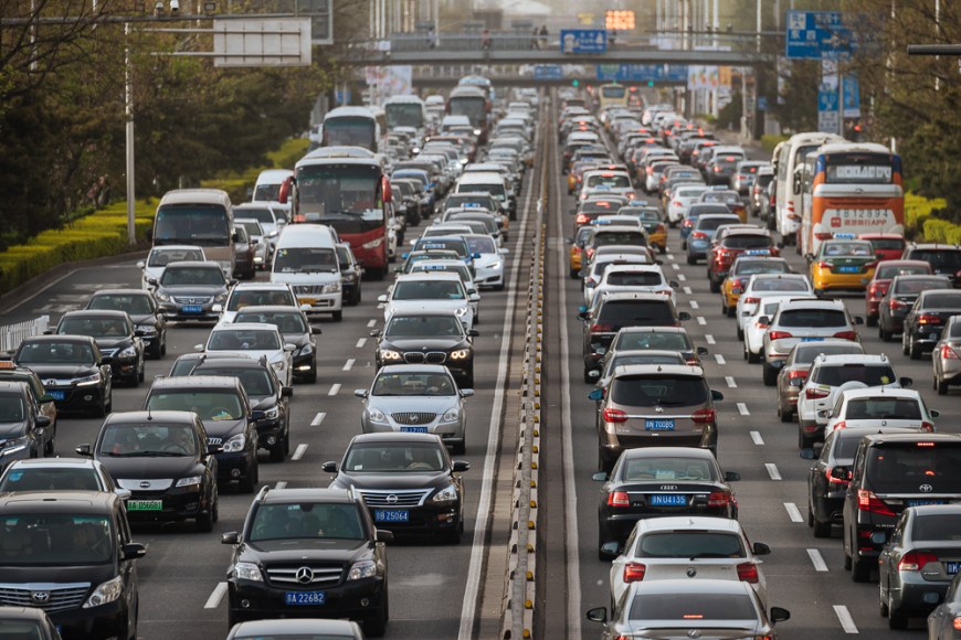 Congested traffic on main road in central Beijing, China