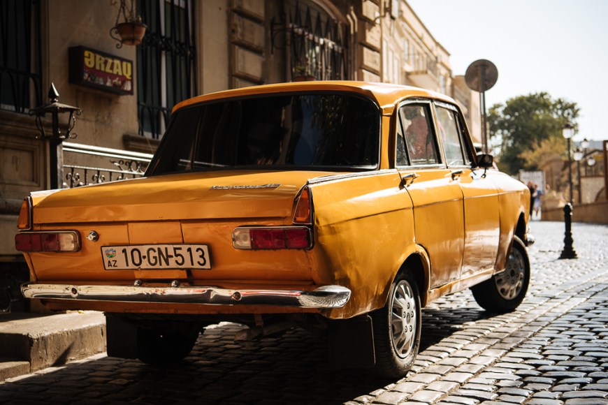 Vintage Russain Car from 1955 parked on cobbled street, Baku, Azerbaijan
