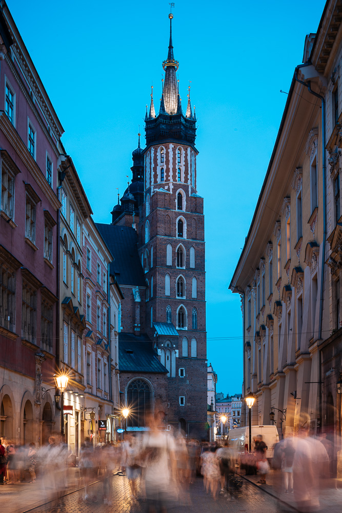 Florianska Street with Church of Saint Mary in background, Krakow, Malopolskie, Poland, Europe